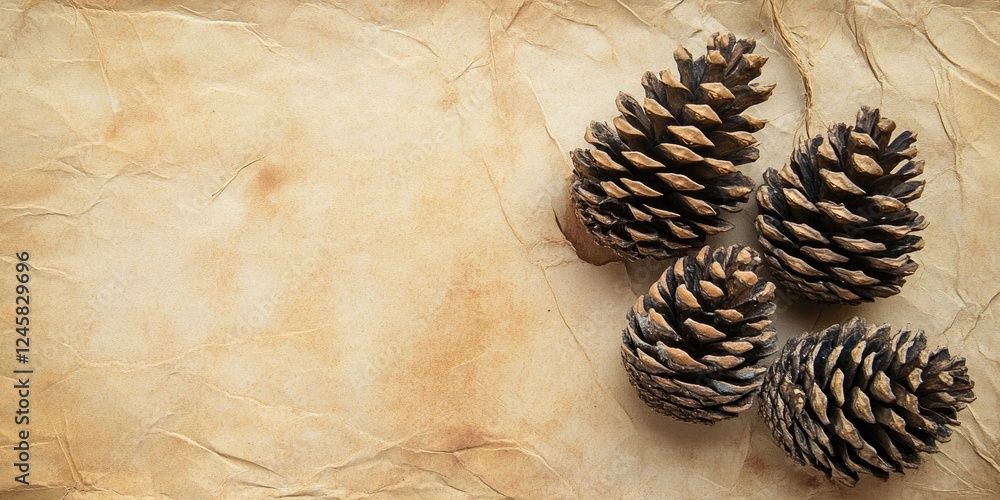 Poster textured vintage paper background with three dark stone pine cones arranged on the left, warm earthy