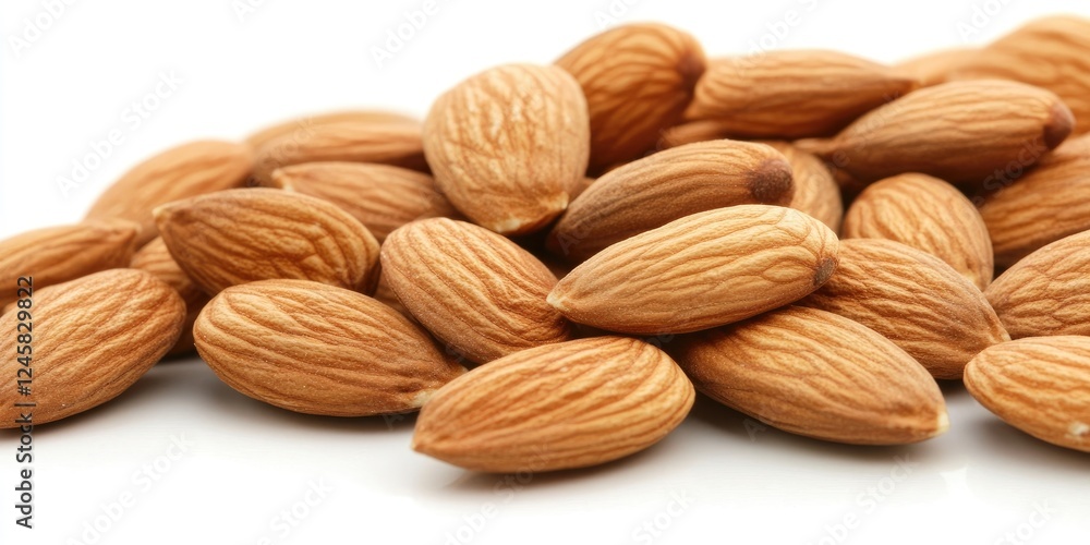 Poster brown raw almond nuts scattered on a clean white surface with a smooth texture creating an inviting 