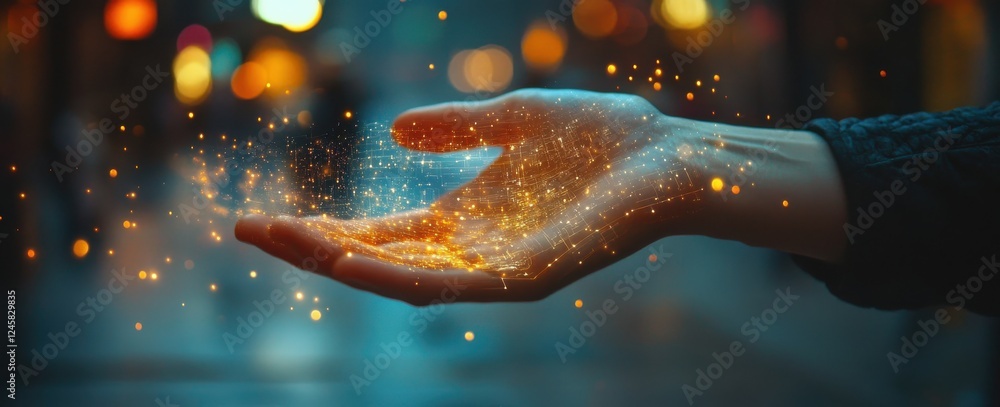 Poster Hand Reaching Out with Sparkling Light Particles Creating a Magical Atmosphere in a Dimly Lit Urban Setting During Evening Hours
