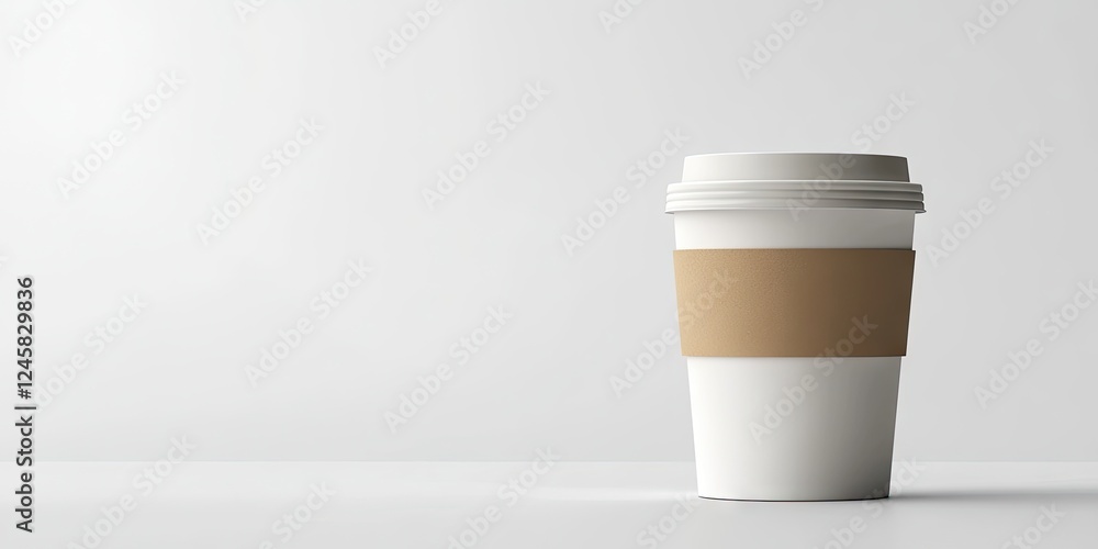 Poster minimalist coffee cup with a cardboard sleeve positioned on a white surface, featuring subtle shadow