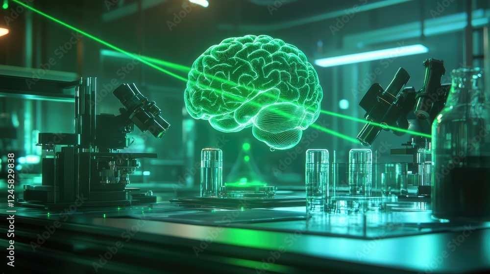 Poster A futuristic lab scene with a holographic brain sending green laser beams of data to microscopes, representing advanced AI and neural research.
