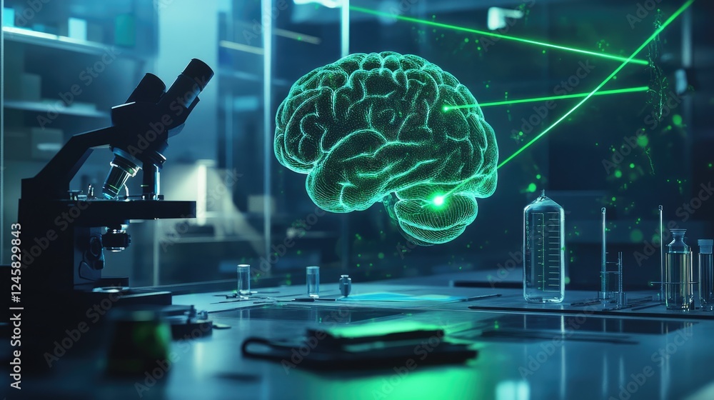 Poster A futuristic lab scene with a holographic brain sending green laser beams of data to microscopes, representing advanced AI and neural research.