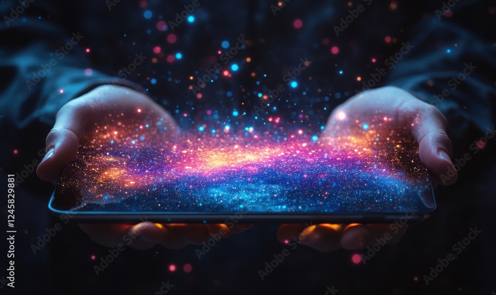 Aufkleber hands holding smartphone displaying cosmic galaxy effect with colorful stars and nebula for imaginat