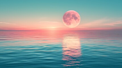 Pink Moonrise over Calm Ocean Waters at Sunset