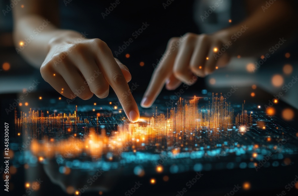 Poster hands interacting with digital financial charts on a touchscreen display, visualizing data in a mode