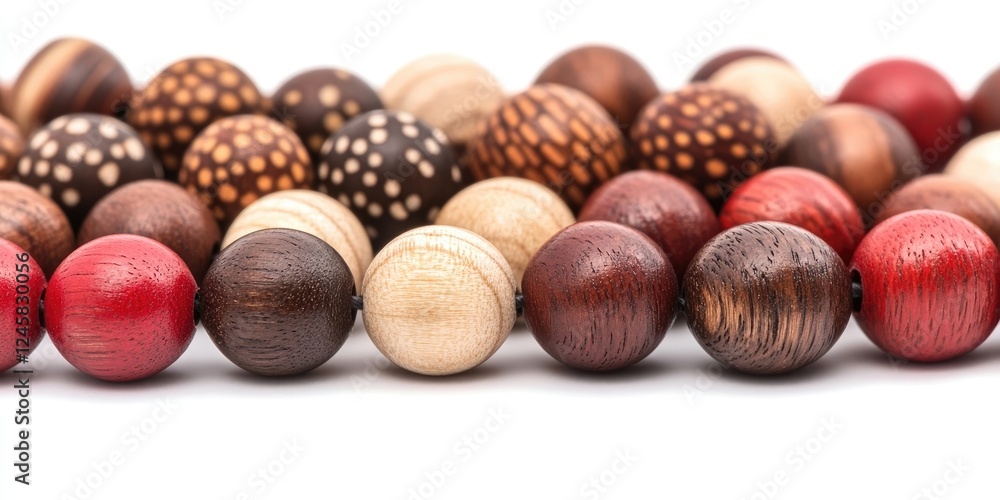 Poster colorful assortment of wooden beads in varied natural shades and patterns arranged in a neat row aga