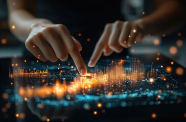 Hands Interacting with Digital Financial Charts on a Touchscreen Display, Visualizing Data in a Modern Business Environment, Technology Use in Finance