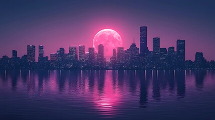 Fototapeta premium Pink Moonrise Over City Skyline Reflection