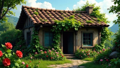 Ancient wooden tile roof with vines and flowers, ancient, vine covered roof, overgrown