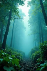Fototapeta premium An ethereal mist shrouding the forest canopy above, fog, foliage, leaves