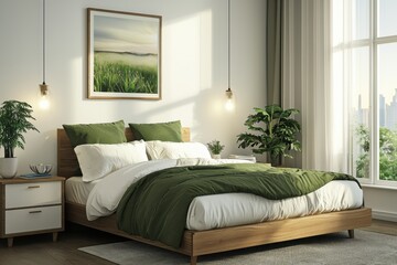 Cozy bedroom with green accents and large windows overlooking a serene landscape in modern design