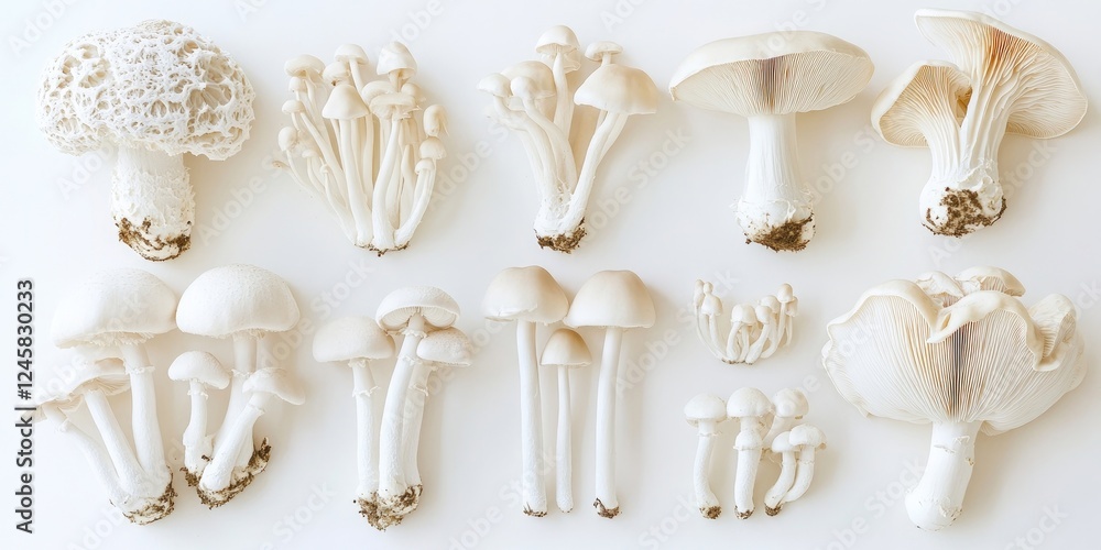 Poster Collection of various white mushrooms arranged artistically on a clean white background highlighting their unique shapes and textures in a minimalist layout