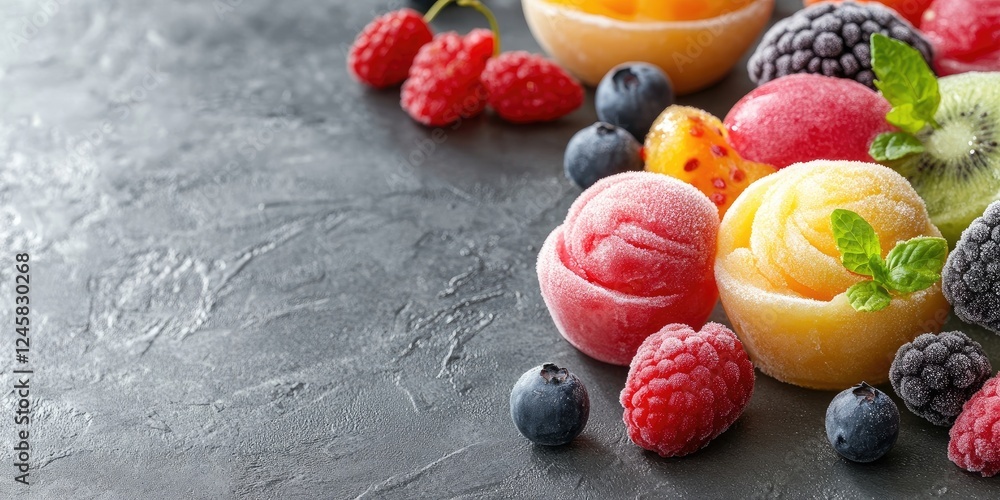 Poster colorful frozen fruit sorbet in round scoops arranged on a dark stone background, surrounded by fres
