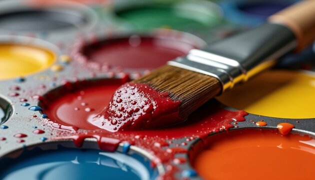 Colorful paint palette with a wet brush dipped in red paint, representing creativity and art - Powered by Adobe