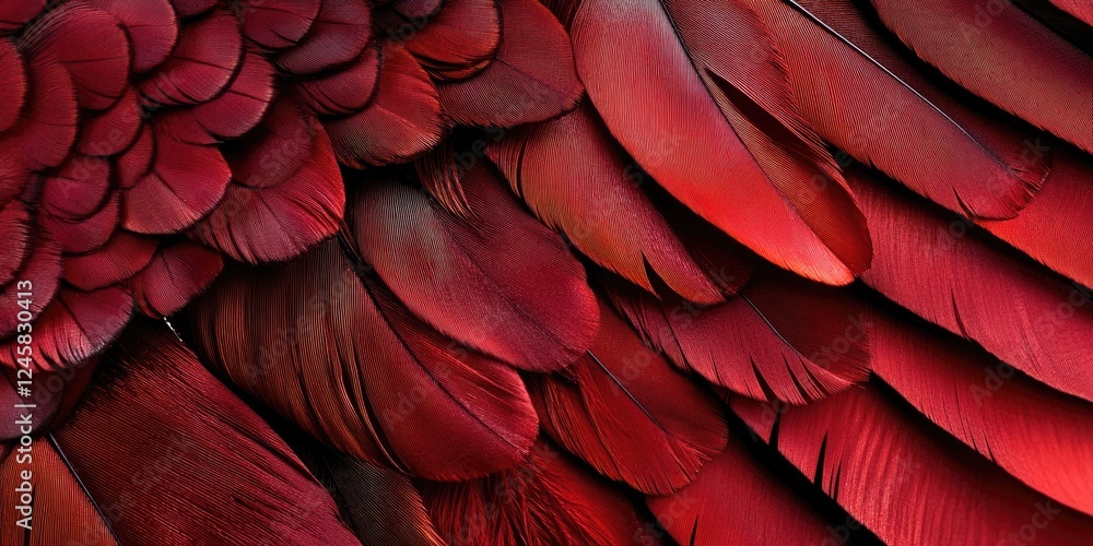 Fototapete vibrant red bird feathers layered intricately showcasing various textures and shades, with darker hu
