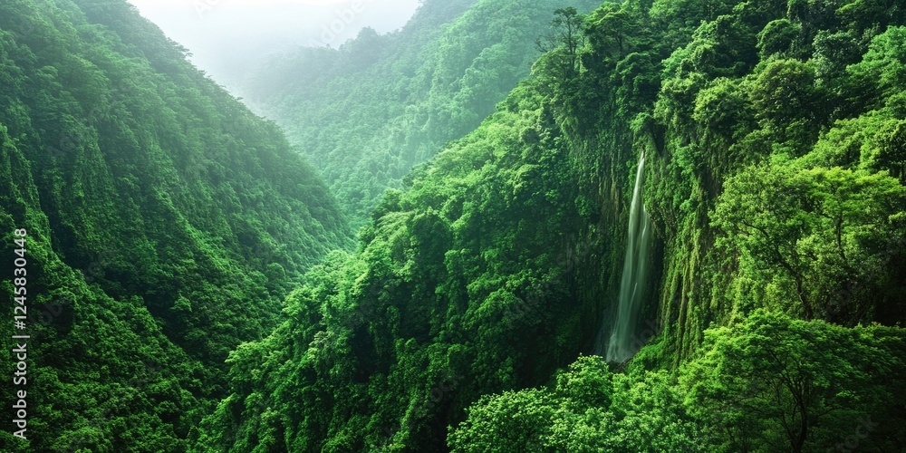 Aufkleber lush green valley with a cascading waterfall surrounded by dense foliage and mist creating a serene 