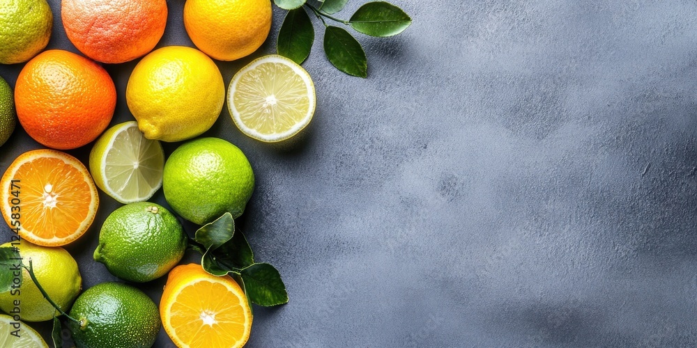 Poster vibrant assortment of citrus fruits including oranges lemons limes and grapefruit arranged on a text