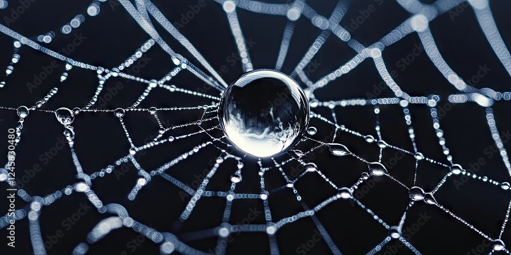 Poster macro shot of a spider web featuring a large drop of condensation at the center, showcasing intricat