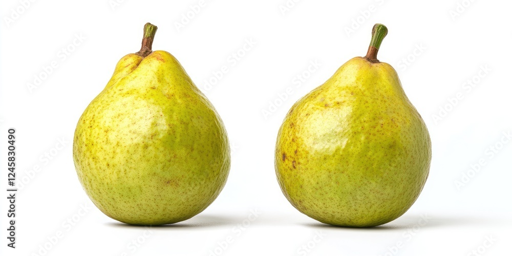 Poster fresh ripe green pears side by side on a white background showcasing their smooth skin texture and n