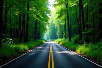 Obraz premium asphalt square road winding through dense forest, wilderness, tree, woods