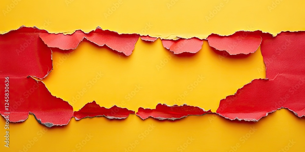 Aufkleber torn red paper edges on a vibrant yellow background creating a bold space for text highlighting the 