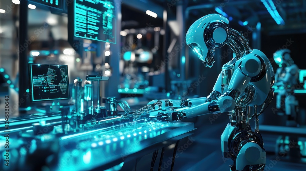 Poster a futuristic robotic workstation illuminated by blue and green led lights, with robots interacting, 