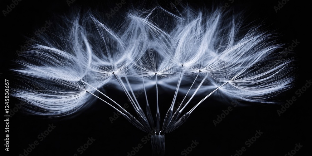 Poster Monochrome abstract dandelion seed head showcases delicate white filaments on a deep black background highlighting intricate details and textures.