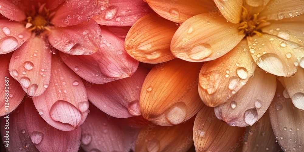 Poster colorful flower petals in shades of pink and orange adorned with dew droplets arranged horizontally 