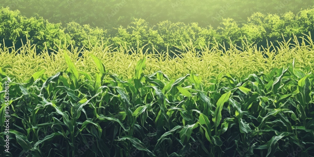 Aufkleber vibrant green corn field with tall lush plants foreground and dense trees in soft focus background u