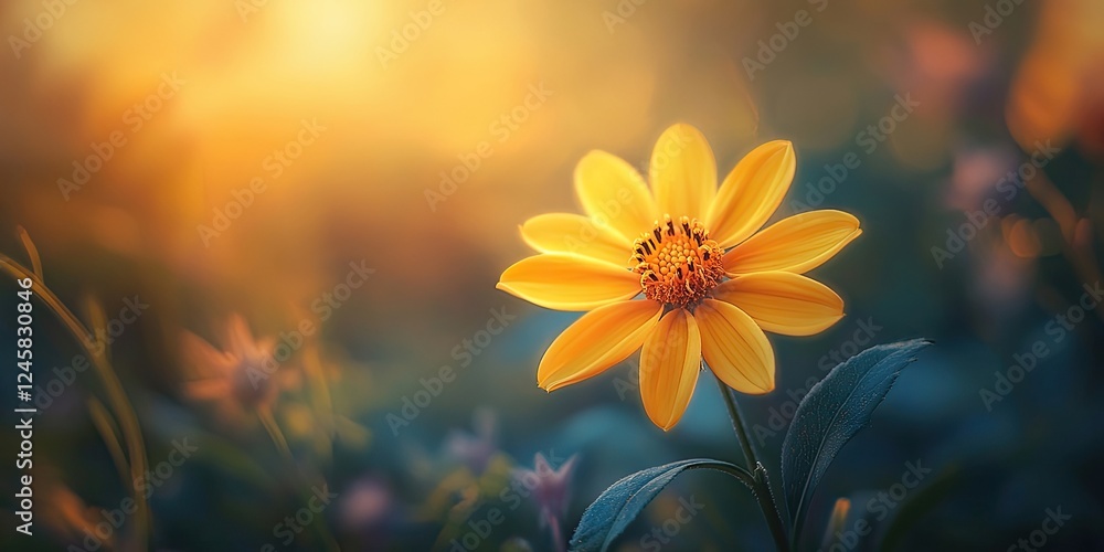Poster vibrant yellow flower with intricate petals in soft focus background of warm golden hues and gentle 