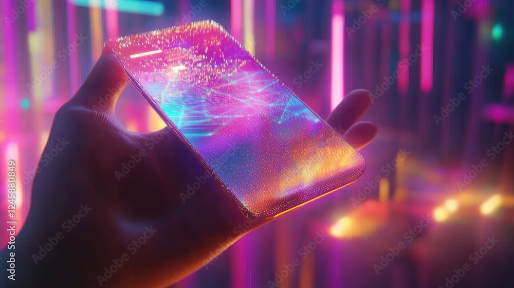 Poster a futuristic scene of a hand holding a mobile phone with a glowing holographic interface and soft co