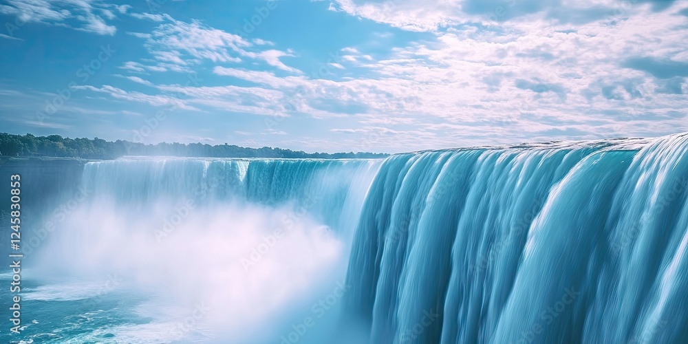 Poster majestic cascading blue waterfall surrounded by mist and soft clouds under a bright sky with lush gr