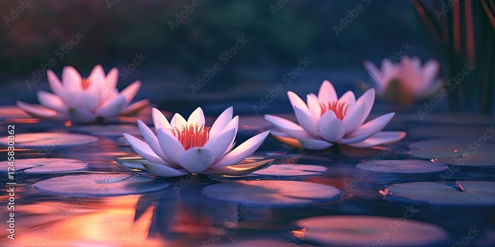 Aufkleber serene water lilies in soft hues of pink and white floating on a tranquil pond at dusk with gentle r