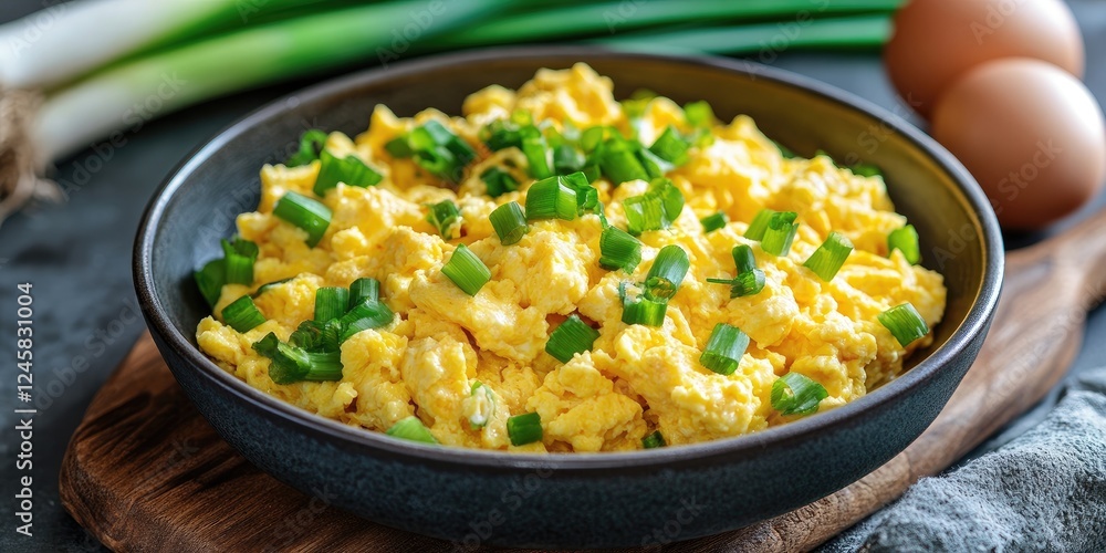 Poster scrambled eggs in a black bowl topped with green onions on a wooden board with fresh eggs in the bac