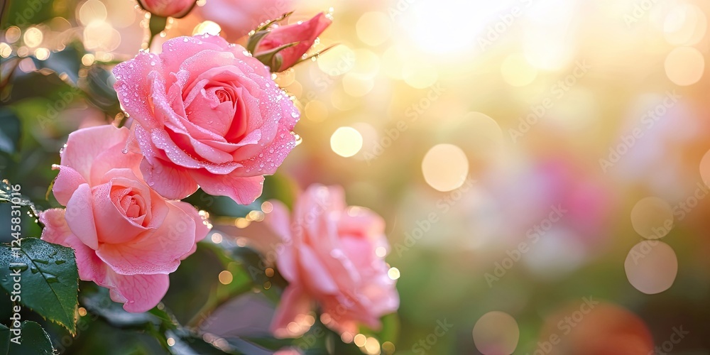 Poster beautiful pink roses covered in morning dew prominently featured in soft focus with a warm golden ba
