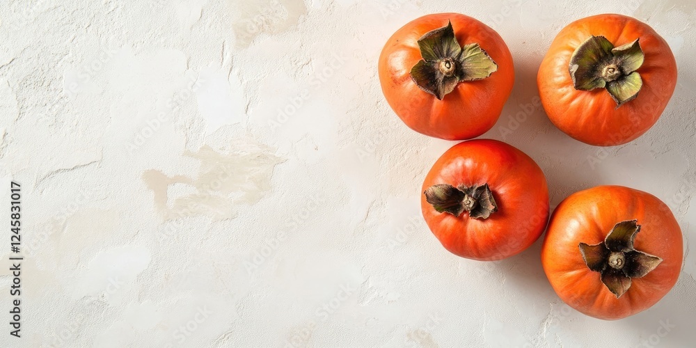 Aufkleber Fresh vibrant orange persimmons arranged in a cluster on a light textured surface with soft shadows creating a warm autumn feel