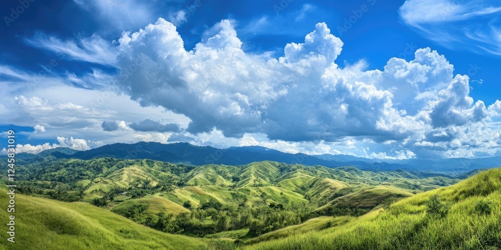 Poster lush green hills rolling under a vibrant blue sky filled with fluffy white clouds with a distant mou