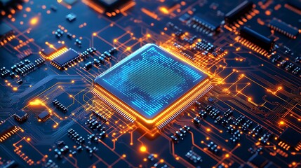 Obraz premium A visually rich abstract technology background, featuring a glowing circuit board in electric blue and orange hues, centered around a vibrant microchip.
