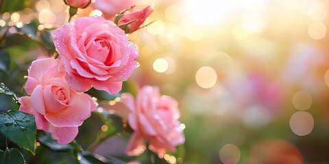 Beautiful pink roses covered in morning dew prominently featured in soft focus with a warm golden background creating a serene garden atmosphere