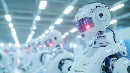 Fototapeta premium Robots in factory, assembly line, future tech