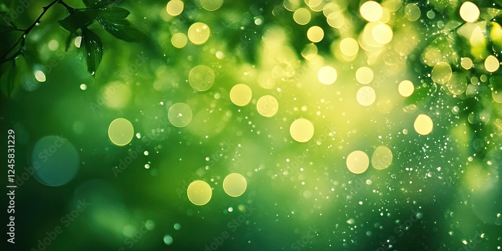 Poster green bokeh background featuring soft light circles in varying sizes with a blurred foliage in foreg