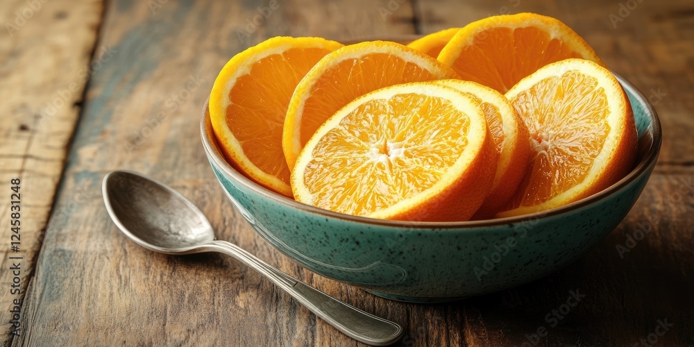 Poster Sliced oranges arranged in a blue bowl on a rustic wooden table with a silver spoon positioned on the side offering ample copy space above.