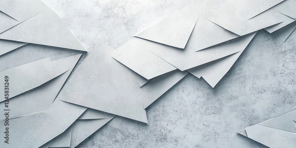 Poster abstract composition of overlapping white paper sheets on a textured grey background, creating a dyn