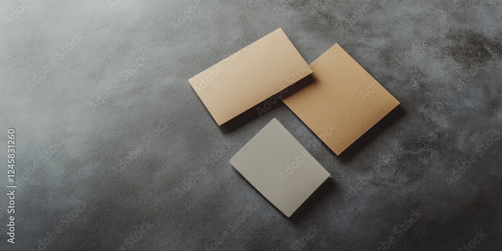 Poster elegant flat lay of three business cards on a textured gray background, featuring two brown cards an
