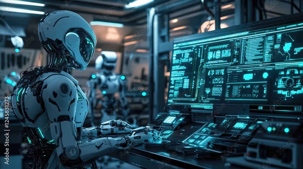 Poster a futuristic robotic workstation illuminated by blue and green led lights, with robots interacting, 