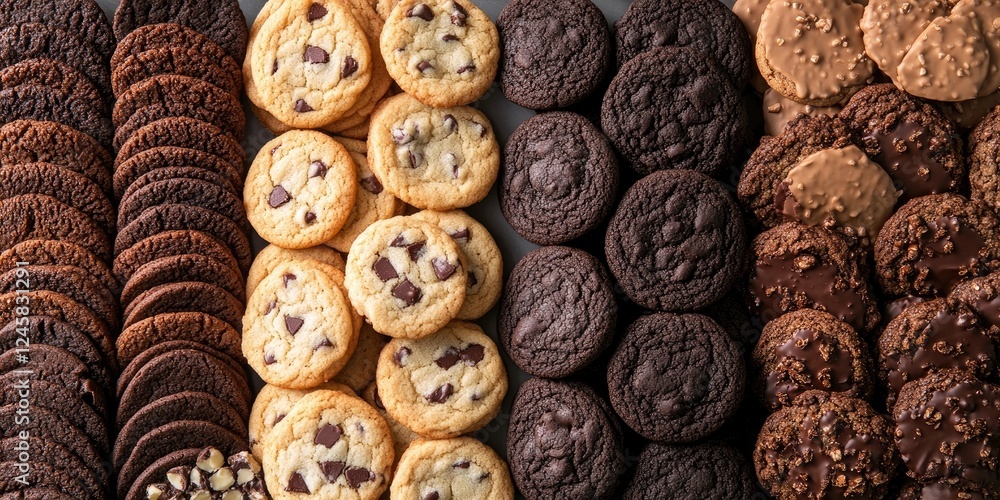 Poster assorted cookies in various shades of brown arranged in rows, featuring chocolate chip, chocolate, a