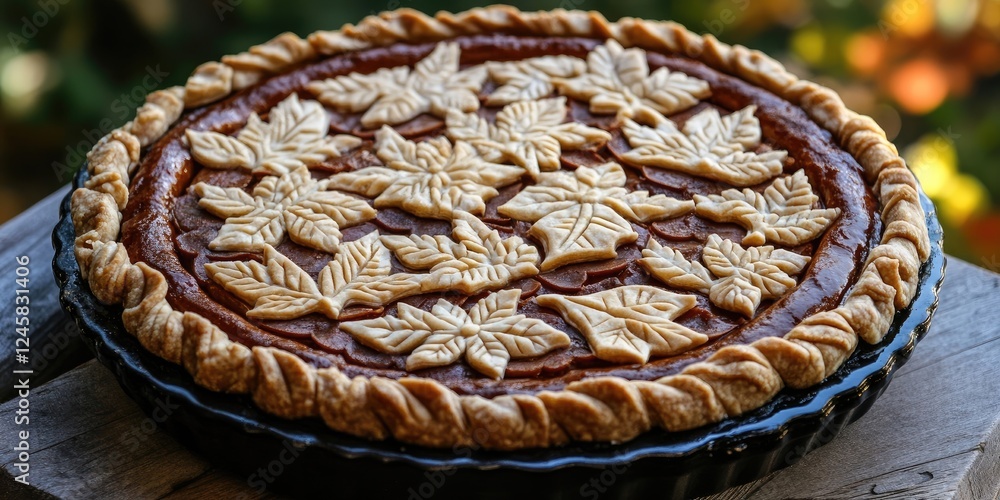 Poster artfully crafted pumpkin pie with a golden brown crust and intricate leaf design set on a rustic woo