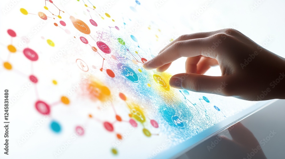 Poster hand interacting with colorful digital interface and data connections