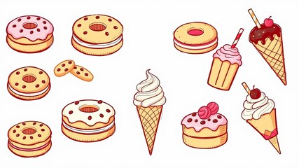 Vector sketchy illustrations set of various desserts and sweet treats including cupcakes, cakes, cookies, donuts, ice cream, and candies, cookies, desserts, ice cream