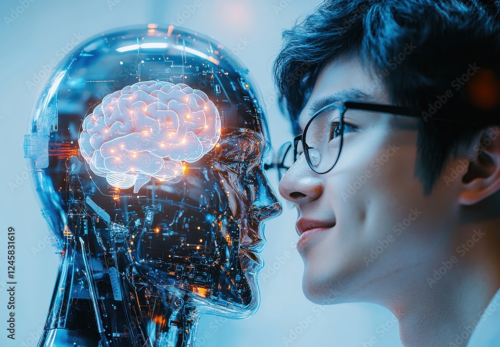 Poster human interacting with advanced robotic head displaying neural patterns and digital connections show